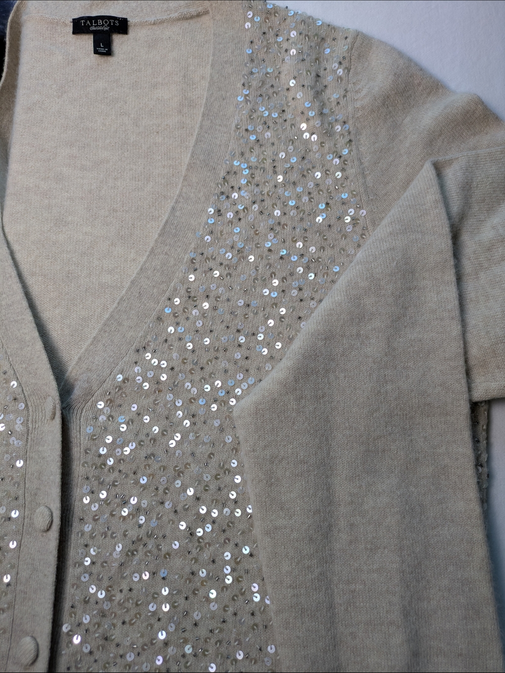 Talbots Cardigan Lambswool Angora Rabbit Hair Cream Sequins Button-up Sweater